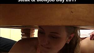 Steak and Blowjob Day Turns into Massive Kitchen Blowbang Cumshot