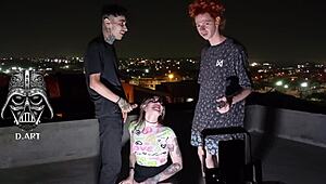 Ever Wondered How a Young Blonde Takes Two Monster Cocks Bareback on the Roof?