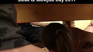 Steak and Blowjob Day Turns into Massive Kitchen Blowbang Cumshot