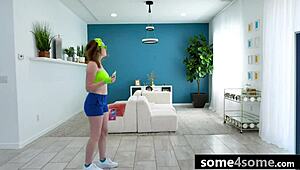 Three adorable horny teen babysitters with big asses and tits gang up on young troublemaker