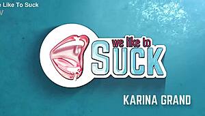 Karina Grand slurps boyfriend's cock before messy facial cumshot