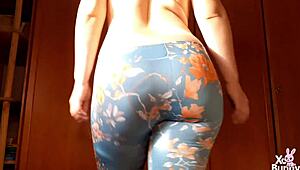 romanian yoga teen goddess struts topless in leggings farting close-up for her horny femdom fans