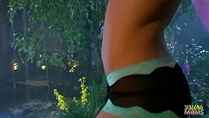 brunette natural beauty masturbates solo with dildo then takes bent over anal from monster cock guy outdoors