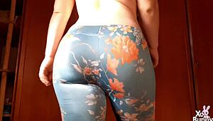 romanian yoga teen goddess struts topless in leggings farting close-up for her horny femdom fans