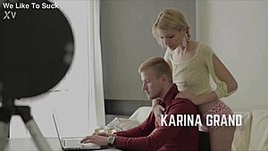 Karina Grand slurps boyfriend's cock before messy facial cumshot