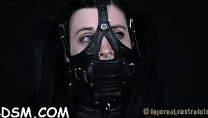 frisky brunette slave bound in bdsm gets deep hardcore sex toy action and blowjob