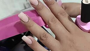 guy jerks off close up while latina wife paints nails