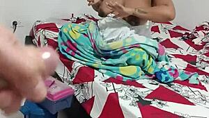 guy jerks off close up while latina wife paints nails