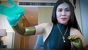 the mistress slides on latex gloves for that smooth asmr rubber fetish tease