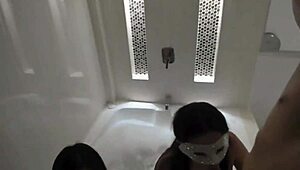 Two sexy latinas suck cock hungrily in jacuzzi for massive double facial