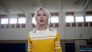petite blonde milf cheerleader lennon elizabeth strips and rips clothes on bball court