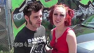 Punk redhead couple sneaks to the garage for bent over blowjob doggystyle fuck shaved pussy licking and cum in mouth on small natural tits
