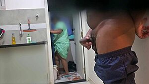 hot maid rasiya freaks out flashing my hard cock in her face surprise