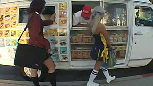 two cheerleaders drop to knees suck big cock then take turns riding it hard