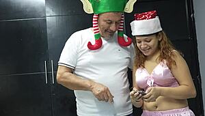 stepdad gets horny from stepdaughter's caresses on bed 😍 big tits latina lingerie play