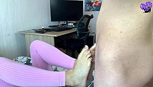 Petite Brunette Gives Footjob with Cum Dripping on Feet