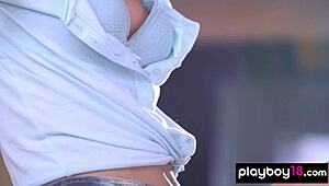 All-natural brunette Ukrainian Raisa strips stockings slowly revealing shaved pussy