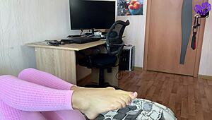 Petite Brunette Gives Footjob with Cum Dripping on Feet