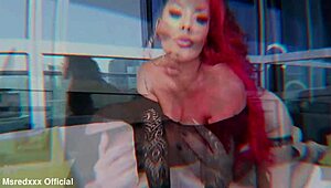 busty redhead rips clothes for pierced nipple tease on public balcony