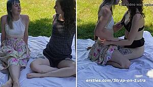 Peach and daisy grind strap-on outdoors in public scissoring