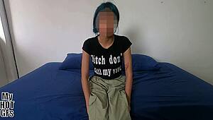 i met this cute blue-haired latina teen for casting and she rides my cock cowgirl pov in the dorm craving cum