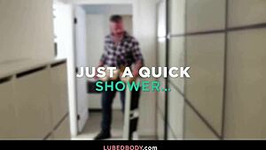 Steamy SHOWER with ebony masseuse's BIG TITS and NURU MASSAGE turns to CUMSHOT FACIAL