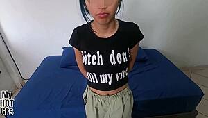 i met this cute blue-haired latina teen for casting and she rides my cock cowgirl pov in the dorm craving cum