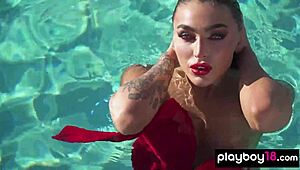 emjay rinaudo feels pure bliss stripping naked by the pool