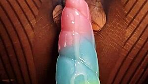 Monster bad dragon dildo stretches hairy wet college pussy close-up riding with sneakers tattoo cum