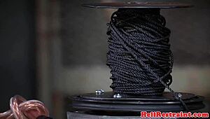 Bound Sub's Body Clamped With Wooden Pegs In Garage Domination Punish