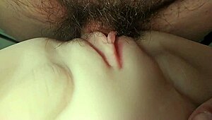 he casually slides into her big shaved pussy close-up like a real fuck doll with toys