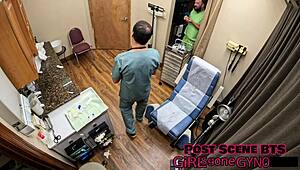 nurse bunny endures intense physical exam with fingering and gaping backstage