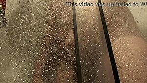 big cock unloads steamy jizz while stroking in the hot shower
