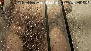 big cock unloads steamy jizz while stroking in the hot shower
