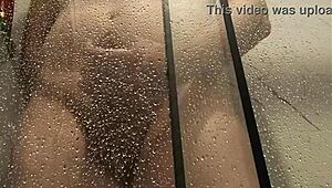 big cock unloads steamy jizz while stroking in the hot shower