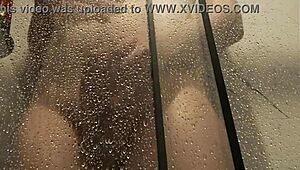 big cock unloads steamy jizz while stroking in the hot shower