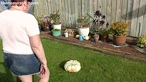 Trashy milf squats giant pumpkin toilet backyard bold