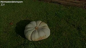 Trashy milf squats giant pumpkin toilet backyard bold