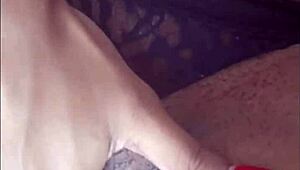 Ebony babe fingers fat pierced pussy to orgasm