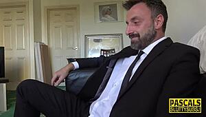 scottish submissive chokes on dom's cock in bdsm pantyhose domination