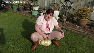 Trashy milf squats giant pumpkin toilet backyard bold