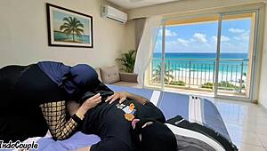 stepmom and stepson alone at beach house chatting casually