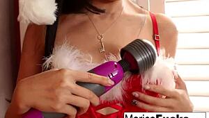 yo Marica Hase strips nude boobs and pussy for Japanese Christmas solo fun?