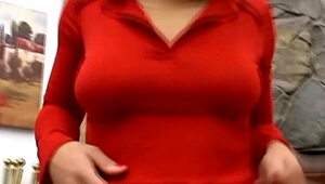 Clothed babe gives intense oral action
