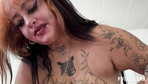 tattooed bbw deedee slurps your cock between her pierced huge tits