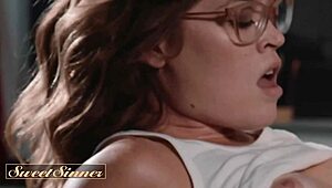 Long-haired redhead babe spreads shaved pussy for teacher's hard office pounding.