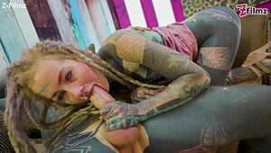 dreadlocked tattooed girl rides cock anally in cowgirl then takes it to mouth