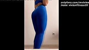 Young athletic brunette teen feels thrill teasing panties leggings.