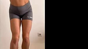 Young athletic brunette teen feels thrill teasing panties leggings.