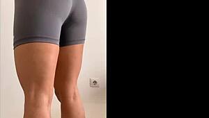 Young athletic brunette teen feels thrill teasing panties leggings.